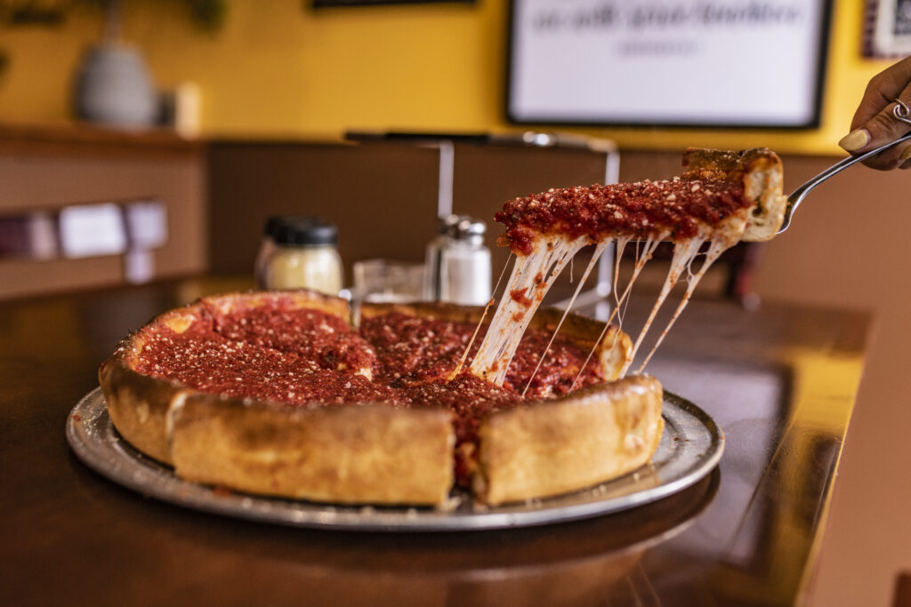 fresh Chicago style deep dish pepperoni pizza